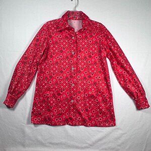 Vintage Womens Red White Black Novelty Blouse Bandana Print Button Up Large‎